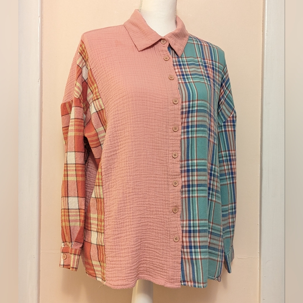 Pastel 100% cotton colour block plaid shirt button collared down oversized small - Picture 2 of 16